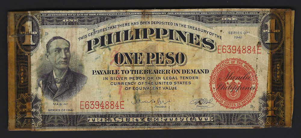1941 Philippines 1 Peso #89c - WWII Naval Aviator Packet Note and Short Snorter