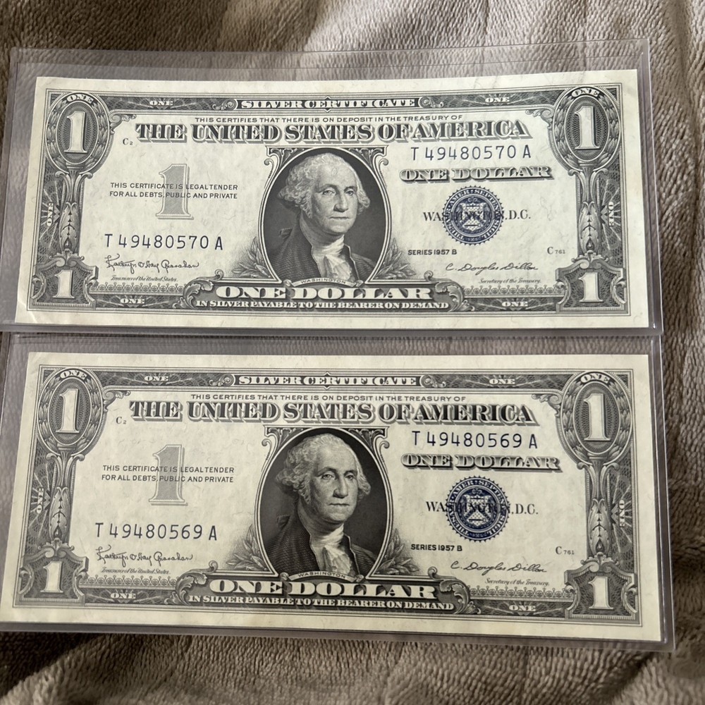 (2) $1 Silver Certificate 1957 B Uncirculated Sequential Bank Notes Blue Seal