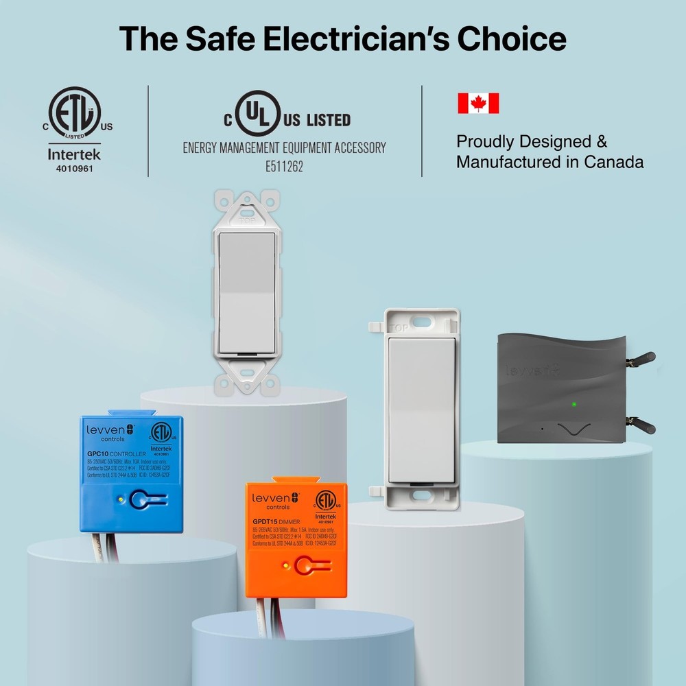 Levven 3-Way Dimmer Wireless Switch Kit - Decorator-Style Switch, Wireless Po...