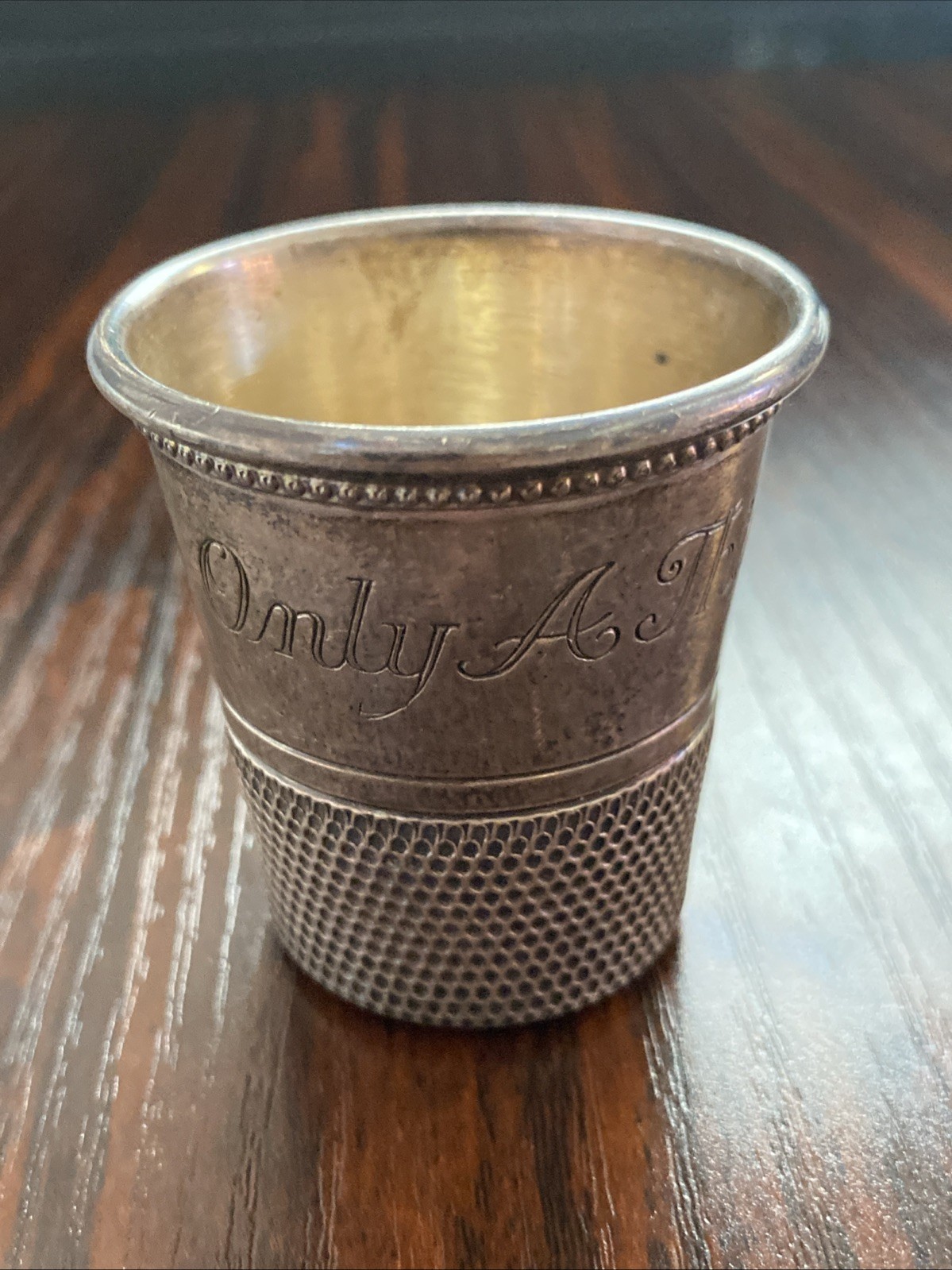 Vintage  Sterling "ONLY A THIMBLE FULL" Jigger/Shot Glass 45 Grams