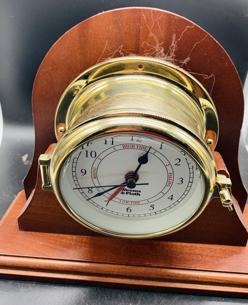WEEMS & PLATH NAUTICAL SHIP'S SOLID BRASS CLOCK WITH WOOD BASE not Working
