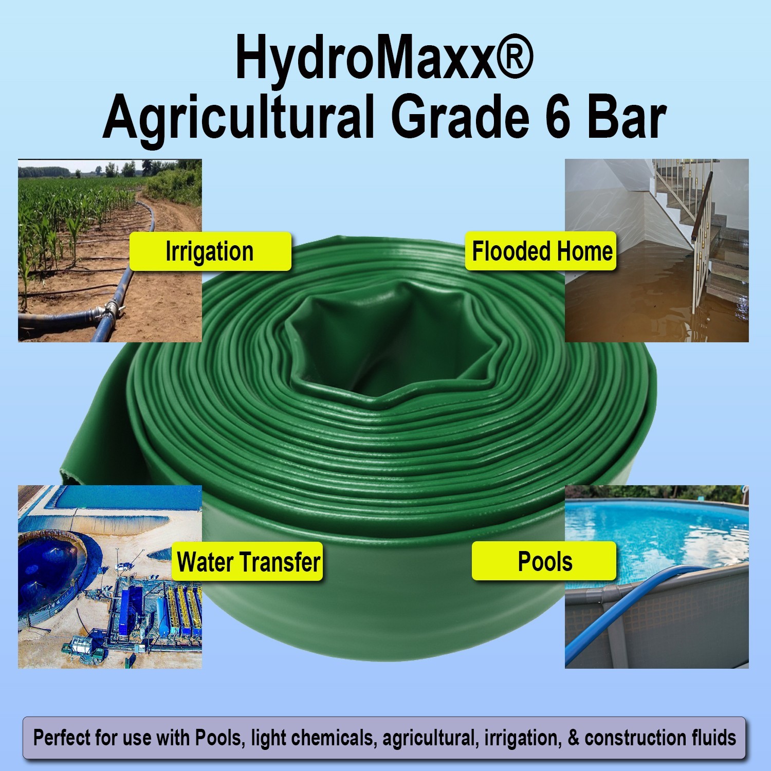 6 Bar Agricultural Grade PVC Lay Flat Discharge Hose - Green, Orange & Black