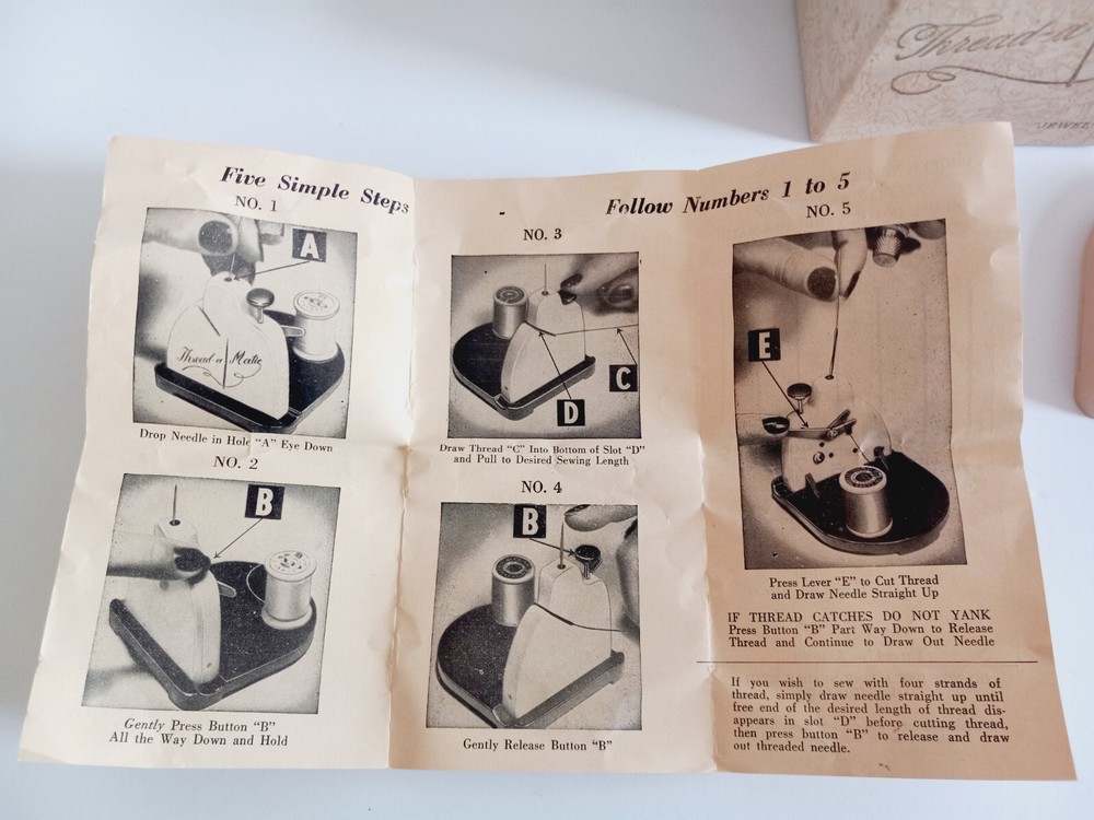 Vintage Thread a Matic Needle Threader Hand Sewing Accessory Box Instructions