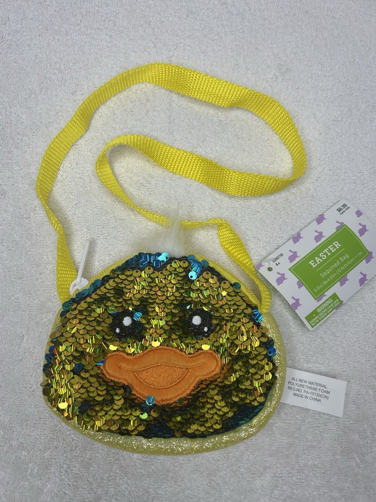Chick Sequin Easter Change Purse Bag Yellow/Blue Zip Closure New