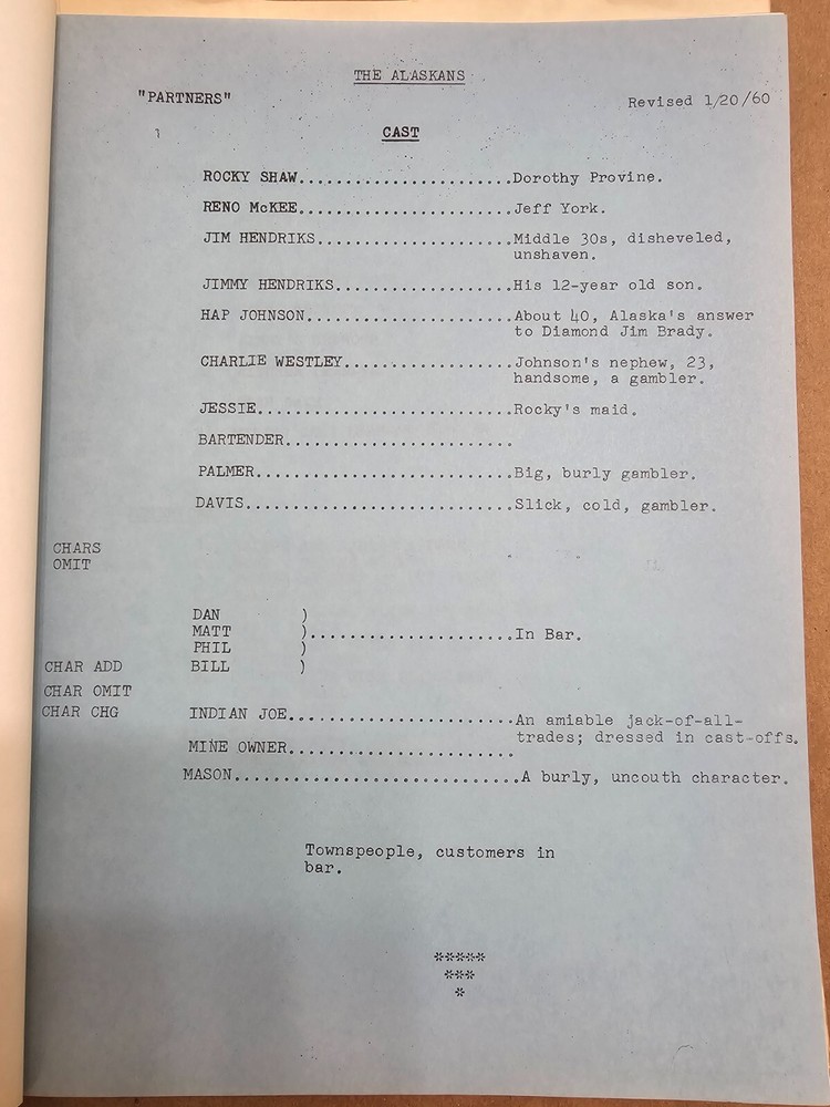 The Alaskans Original TV Script 1960 Partners