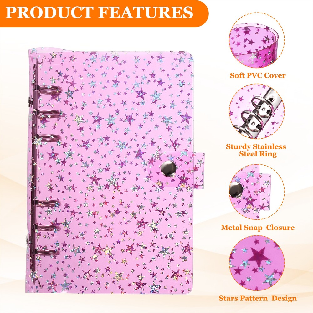 A6 Binder Cover, Stars Refillable Notebook Shell with Snap Button, Pink