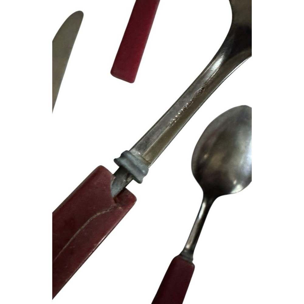 VTG Bakelite Red Handled Flatware Knives Spoons Kitchen Stainless Steel READ