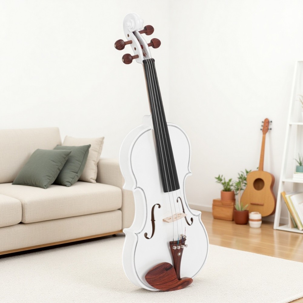 4/4 Solid Spruce Top Acoustic Beginner Violin Set - Tuner, White, Shoulder Rest