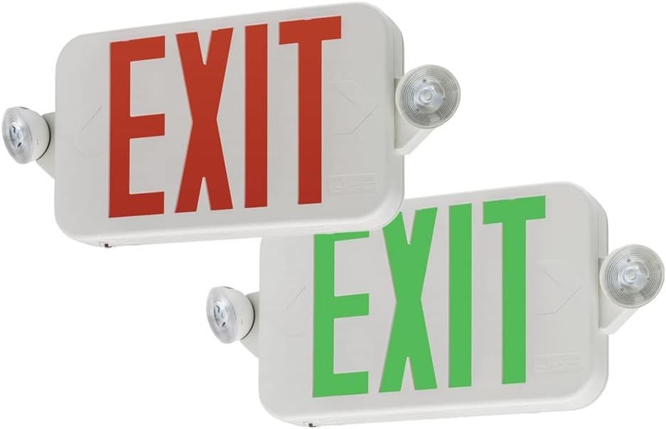 LITHONIA LED EXIT & EMERGENCY LIGHT SIGN COMBO ADJUSTABLE OPTICS RED/GREEN NEW