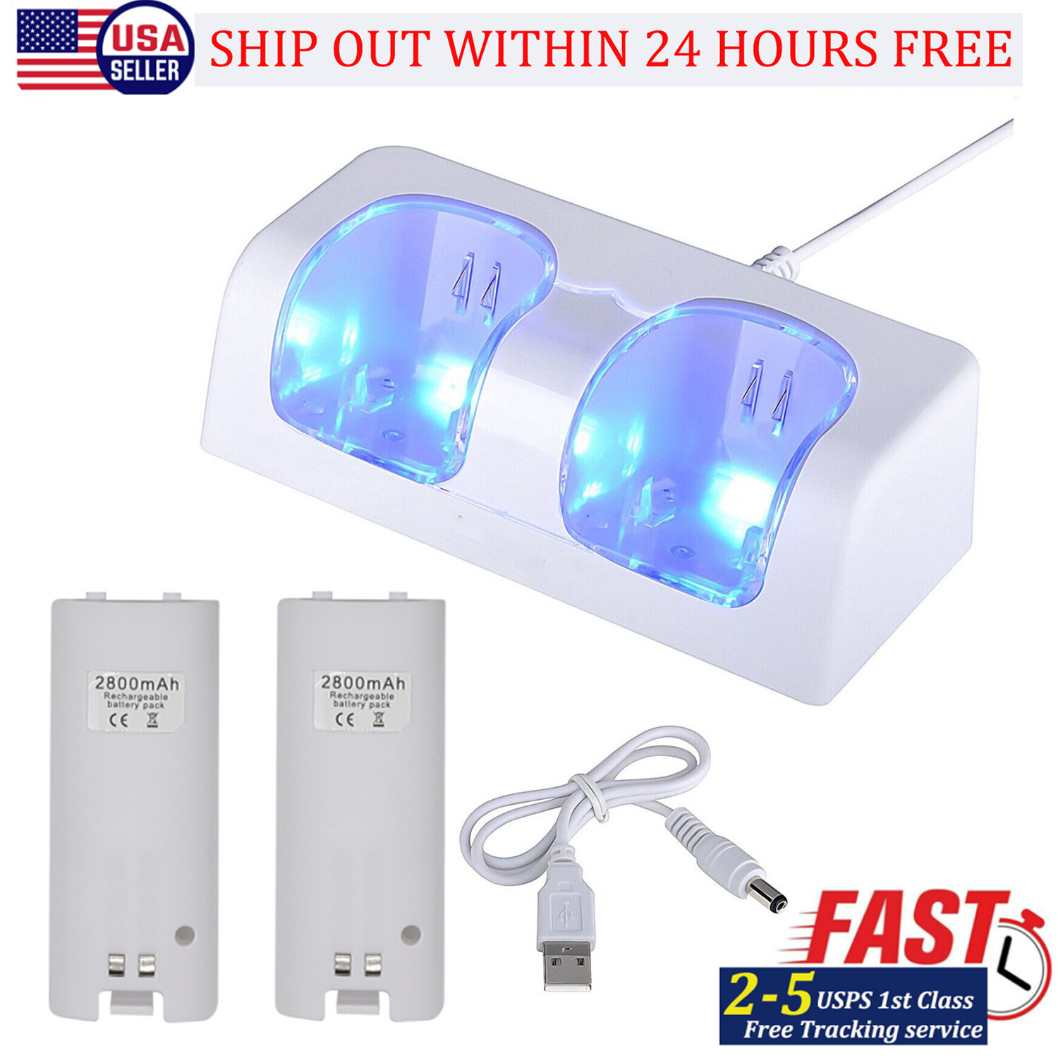 Dual Charger Charging Dock Station + 2 Battery For Wii / Wii U Remote Controller