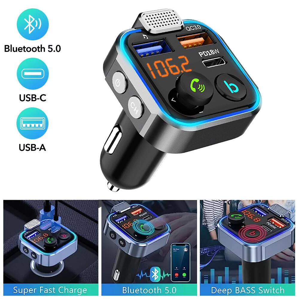 Bluetooth FM Transmitter Car Adapter QC3.0 PD USB Charger FM Radio Handsfree *+