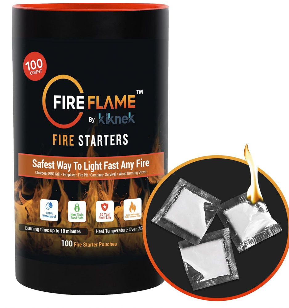 100 Pouches Fireflame Quick Instant Fire Starter - 100% Waterproof, Odorless