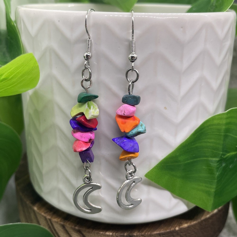 2.25” Earring Set Silver-tone Boho Stone Chips Dangle Drop New Moon B7332