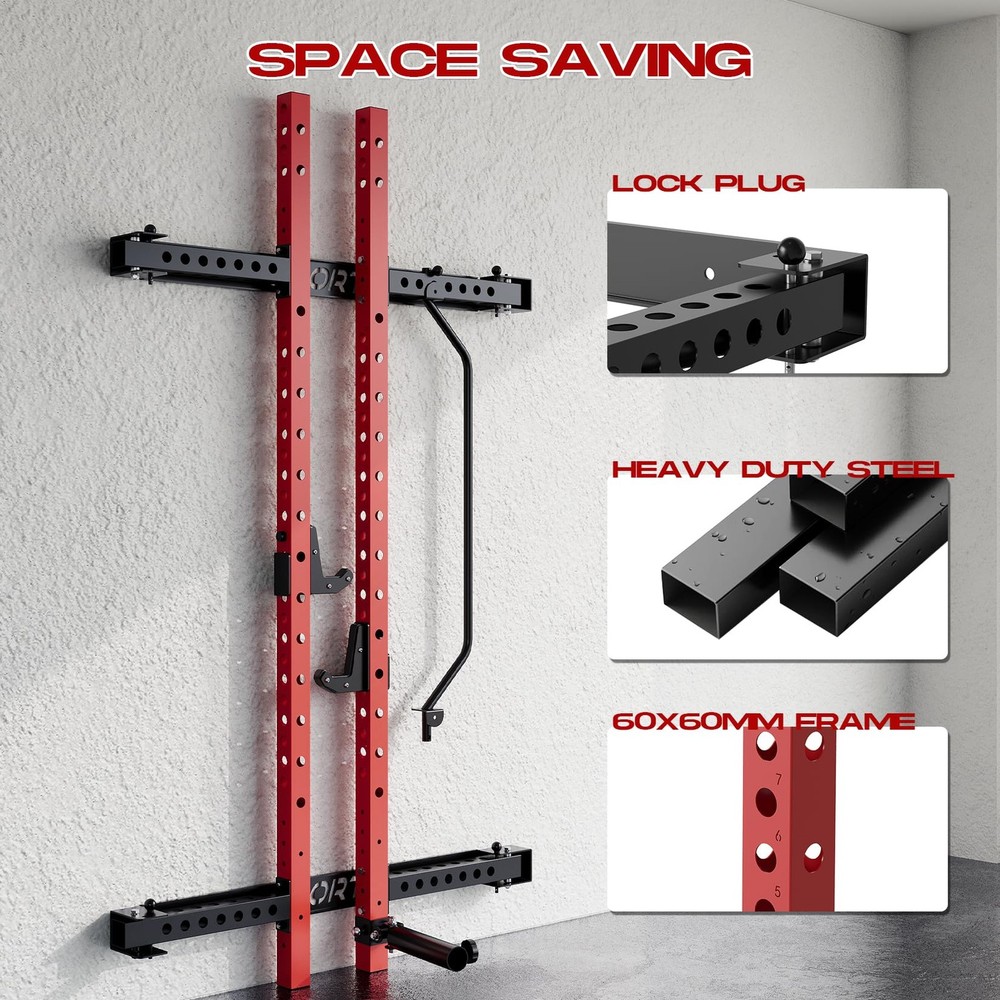 Foldable Wall Mounted Squat Rack 1000 LBS Space Saving Power Cage for Home Gym