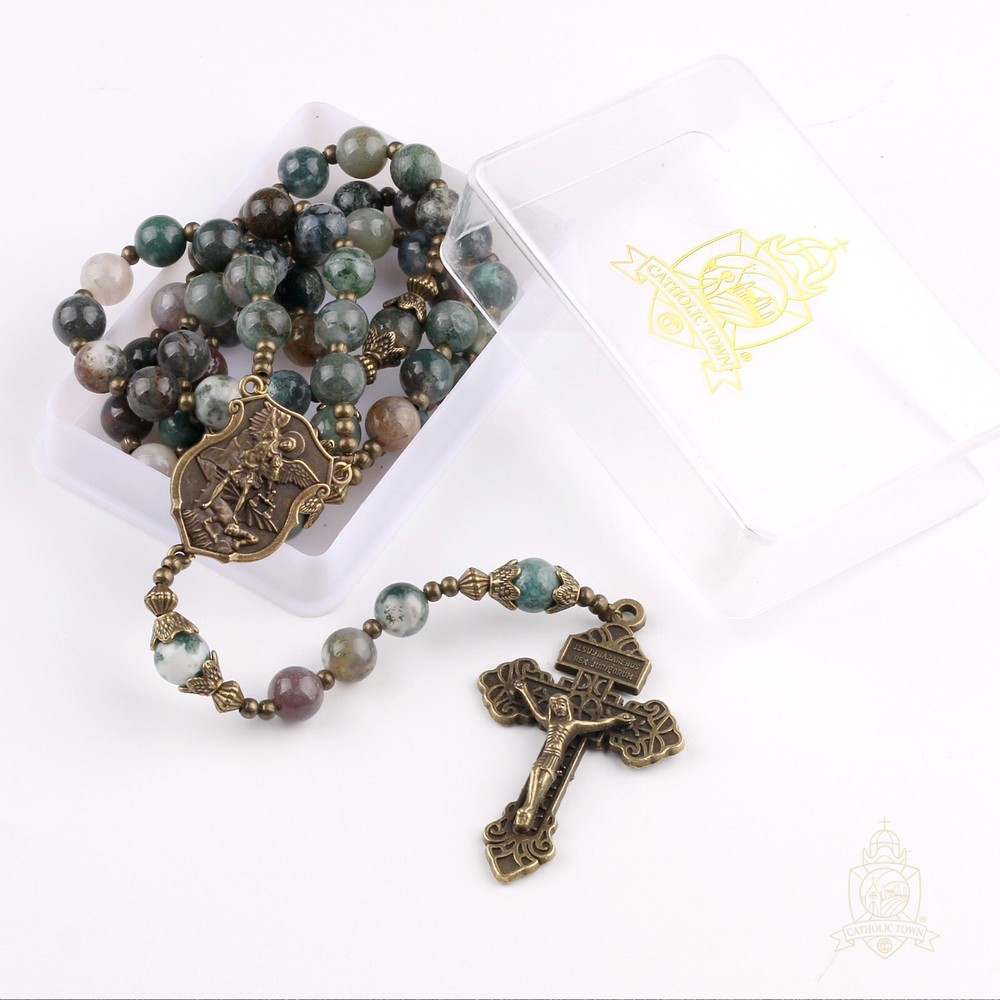Catholic Town India Agate Natural Stone Beads, Rosary with Caps St Michael medal