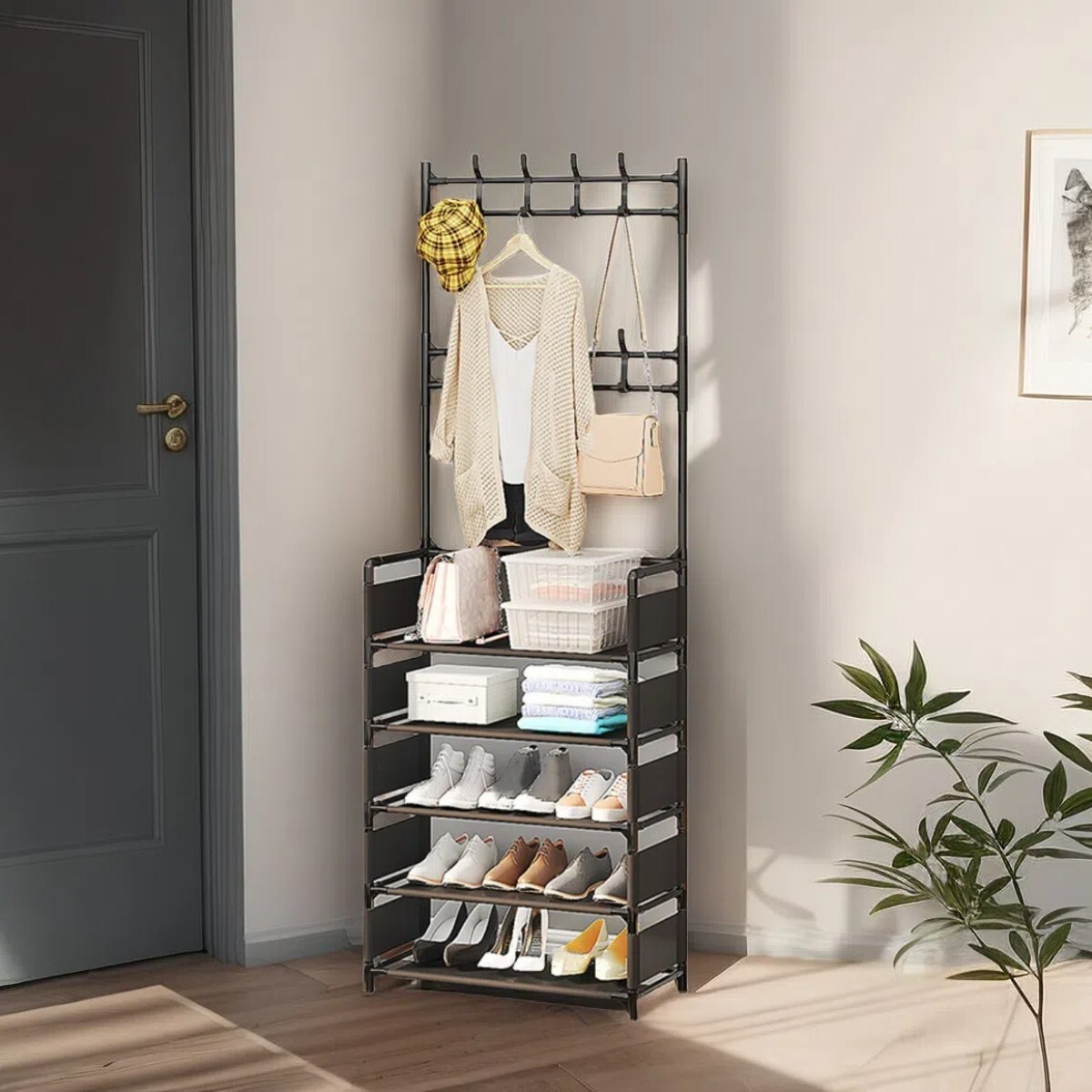 Coat Rack with Shoe Storage,5-Tier Shoe Rack and 8 Clothes Hooks Coat Rack Black