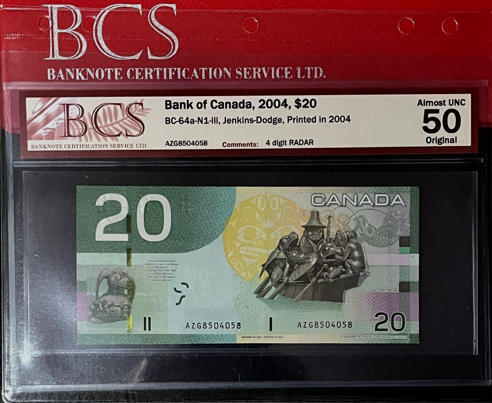 RADAR *BCS CERTIFICATION* ALMOST UNC - 4 DIGIT 8504058, 2004 CANADA $20