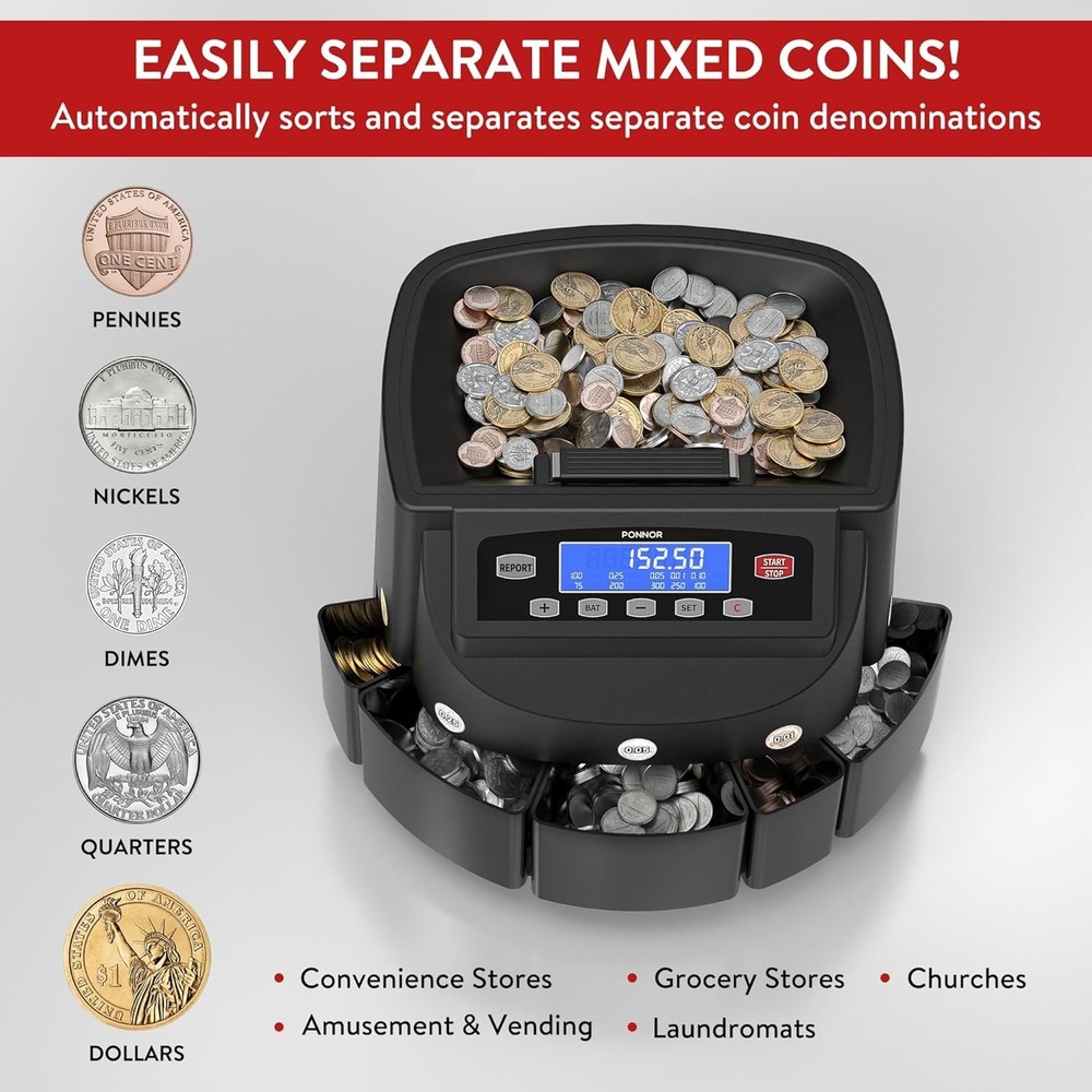Coin Counter Machine Sorter Change and Wrapper Roller Counting Organizer Sort...