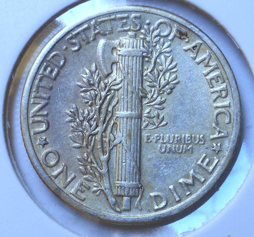 1943 . Mercury Dime . AU . Almost Uncirculated . Silver .