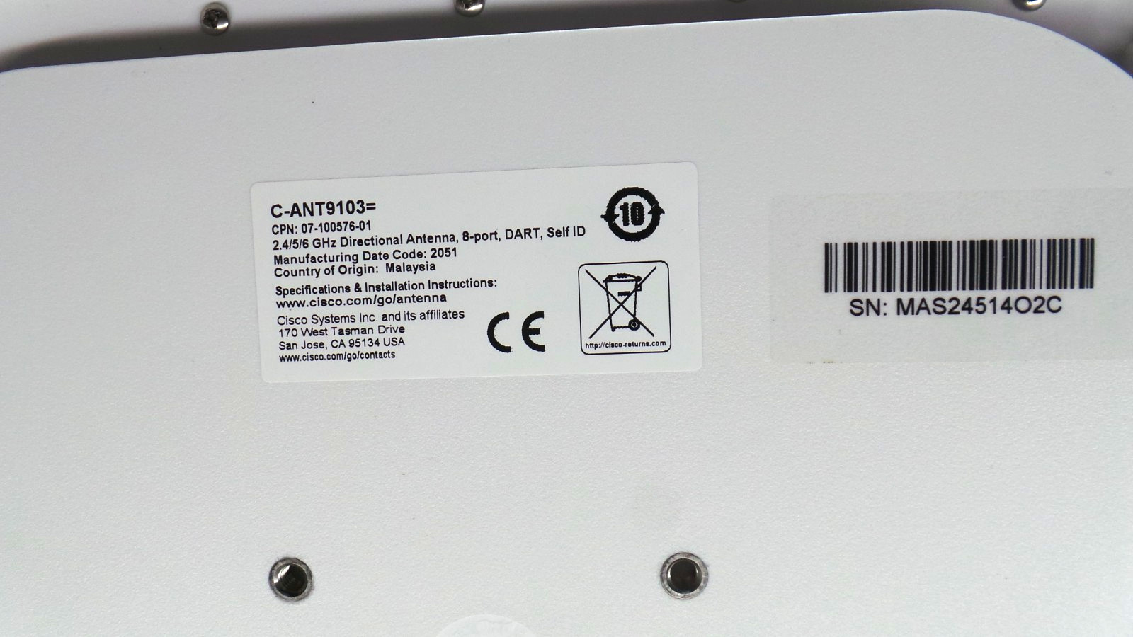 Cisco C-ANT9103= 2.4/5/6 GHz Directional Antenna 8-Port, DART Bulk Qty available