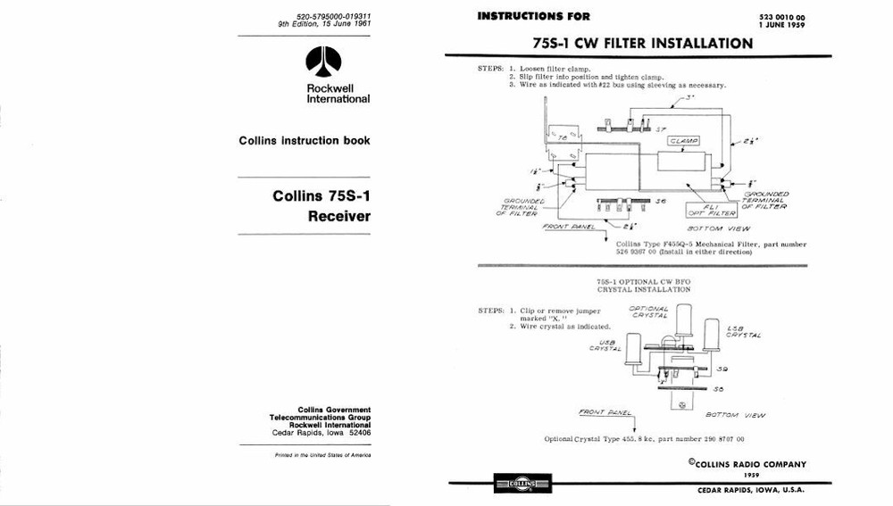 COLLINS 75S-1 INSTRUCTION / SERVICE MANUAL + CW FILTER INSTALLATION