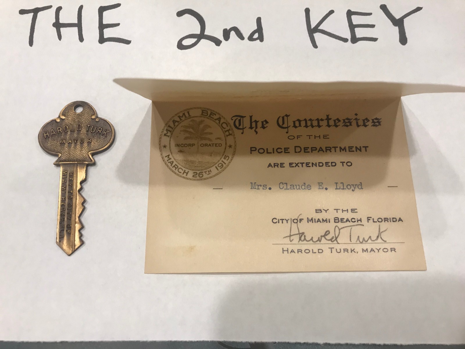 RARE-1950 Key to the City w/ Police Courtesies-Miami Beach FL-Mayor Harold Turk