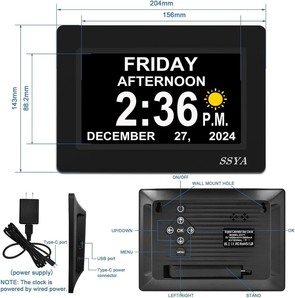 Large Display Calendar Clock - 7 Inch, Auto Dimmable, Black