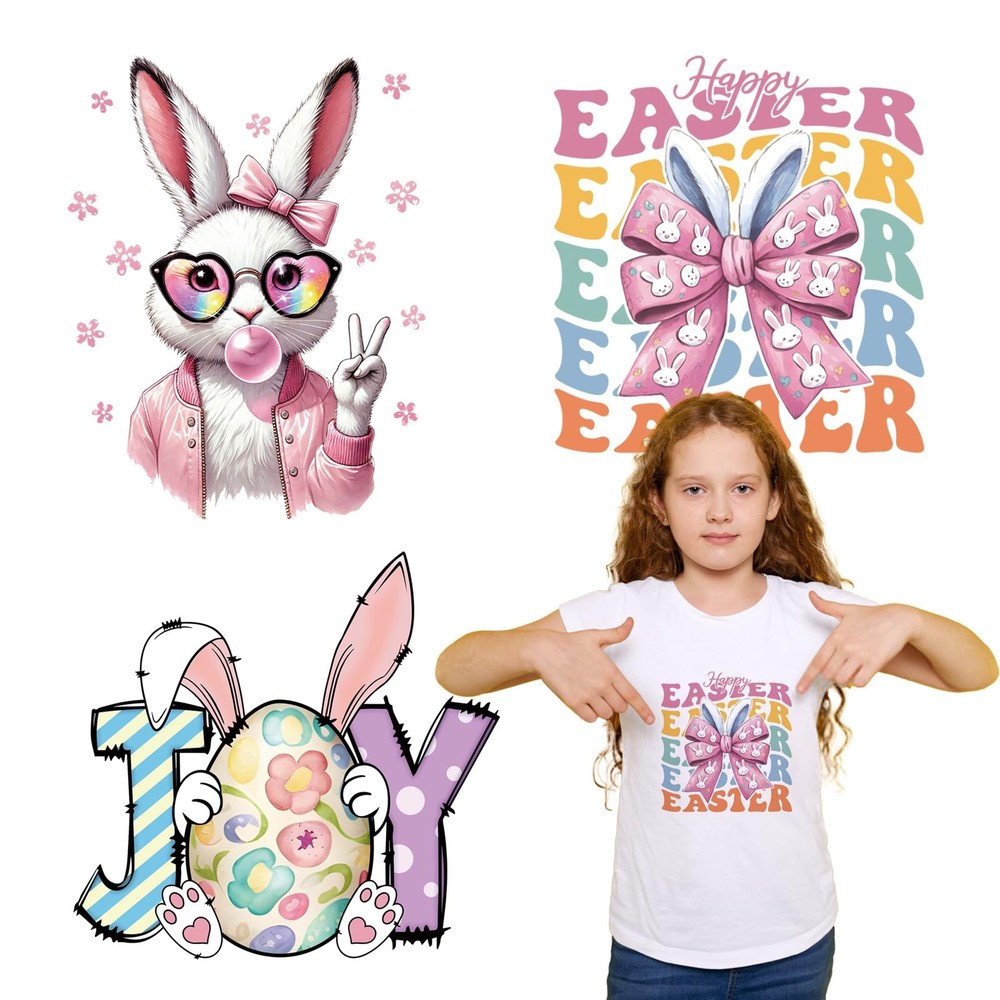 ASABITE 3 Sheets Easter Iron on Transfers Big Bunny DTF B, Multicolour