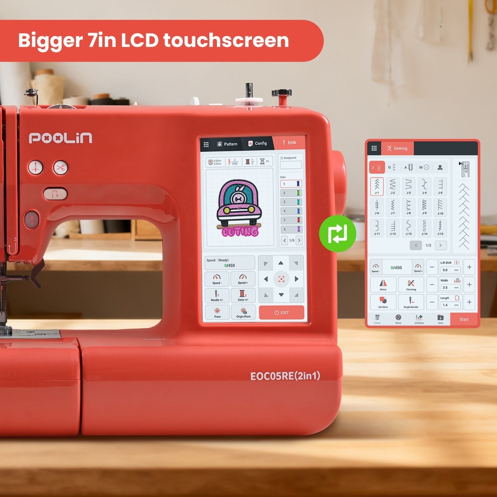 POOLIN EOC05RE(2in1) Sewing and Embroidery Machine Computerized With SOFTWARE.