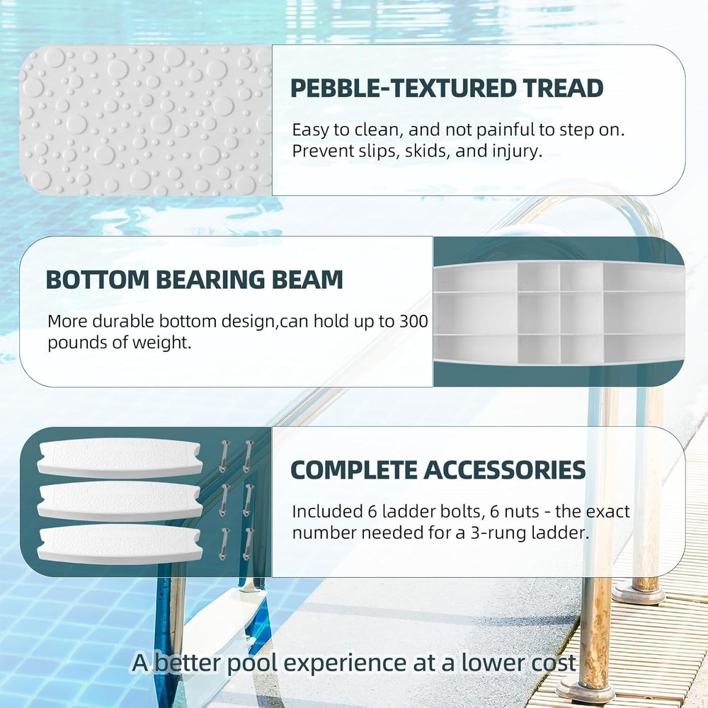 18" Universal Pool Ladder Steps Replacement Heavy-Duty Plastic White 3 Pack