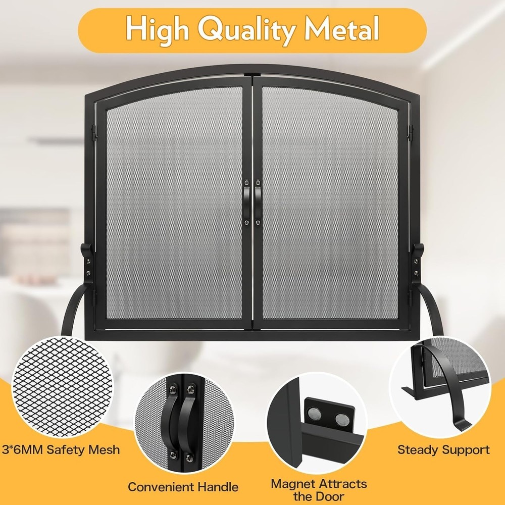 35" x 27" Single Panel Fireplace Screen W/ Magnetic Doors Flat Fireplace Screens