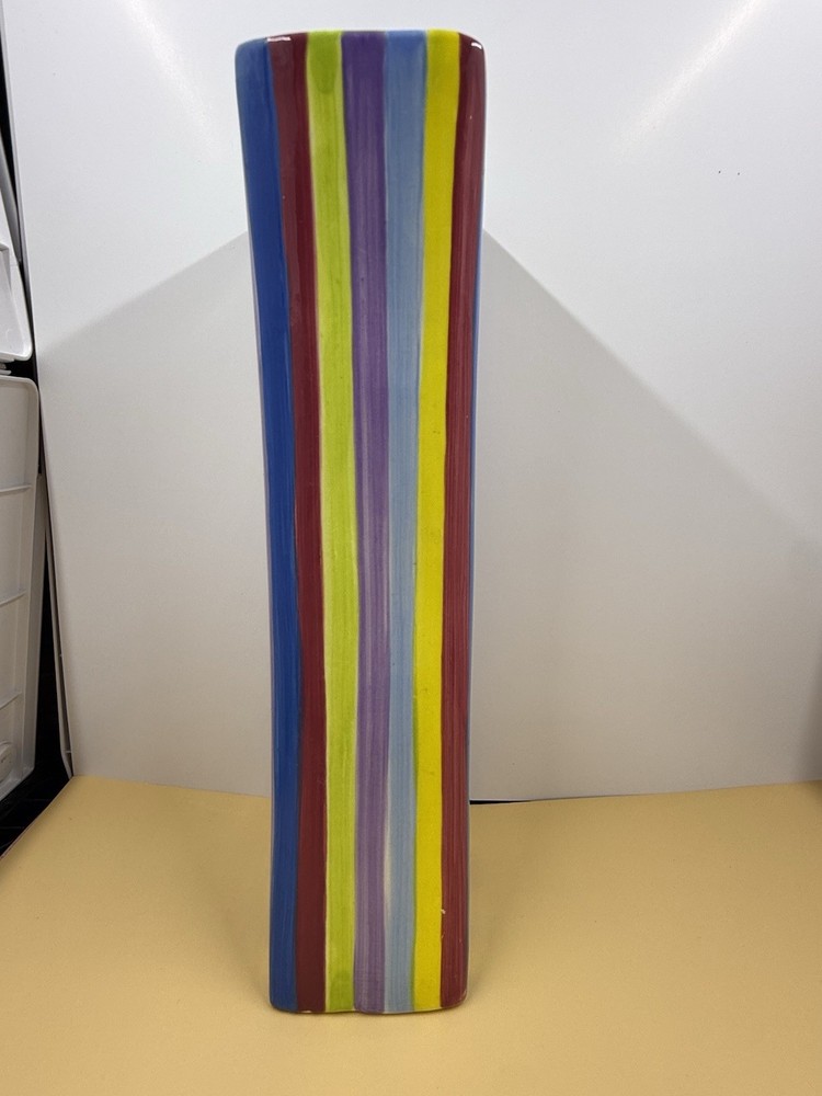 Pacific Rim Handpainted Colorful Striped Ceramic Tall Flared Rectangular Vase