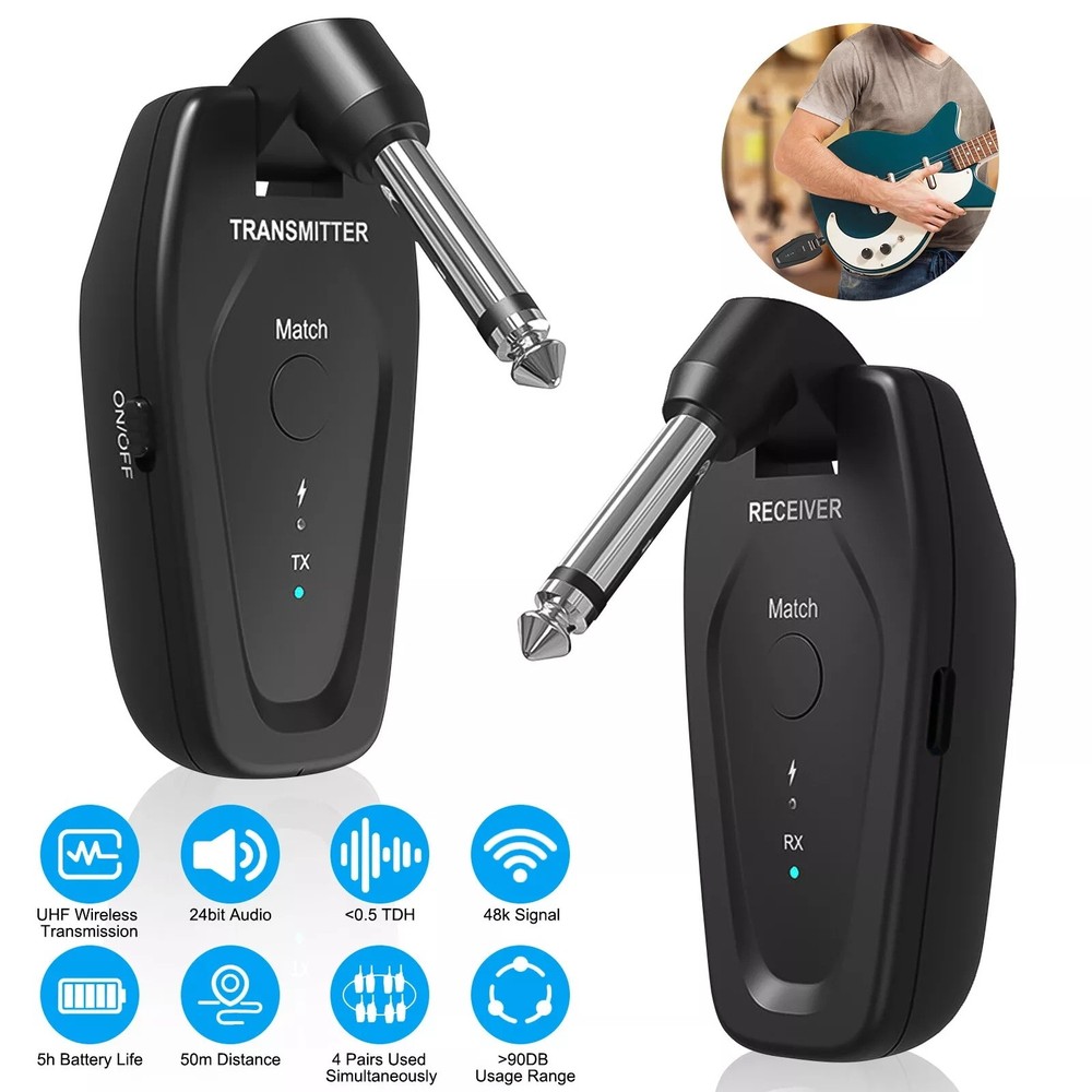 Professional UHF Wireless Guitar System Transmitter Receiver Type-C Charging