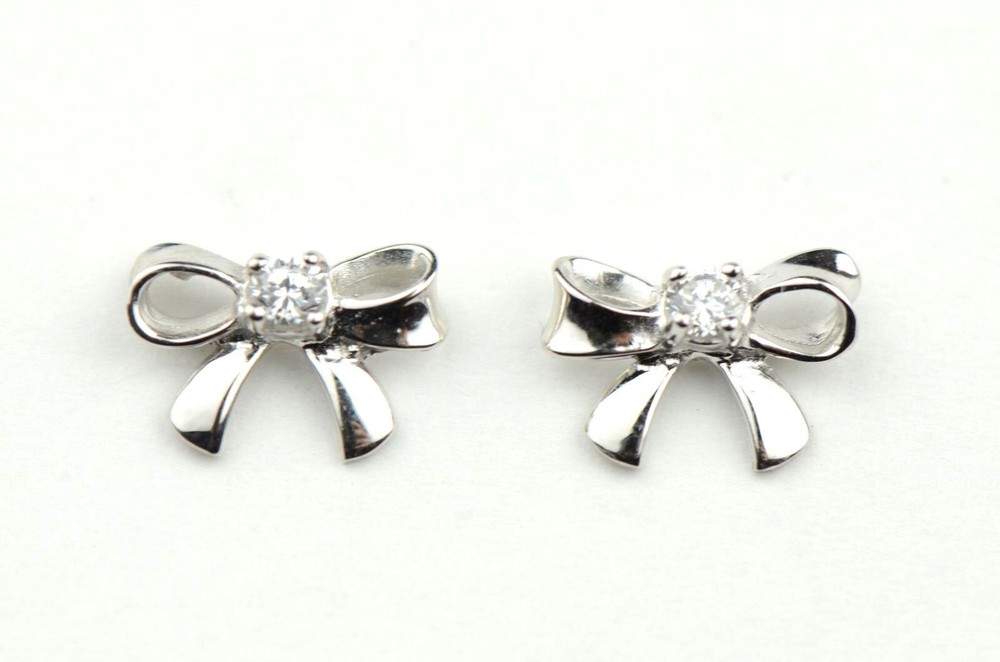 14k Solid White or Yellow Gold Bow Tie Stud Earrings with CZ