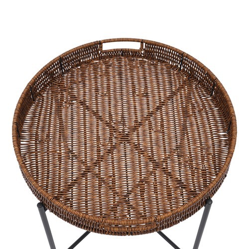 Foldable Braided Round Side Table w/Removable Tray, Imitation Rattan End Table