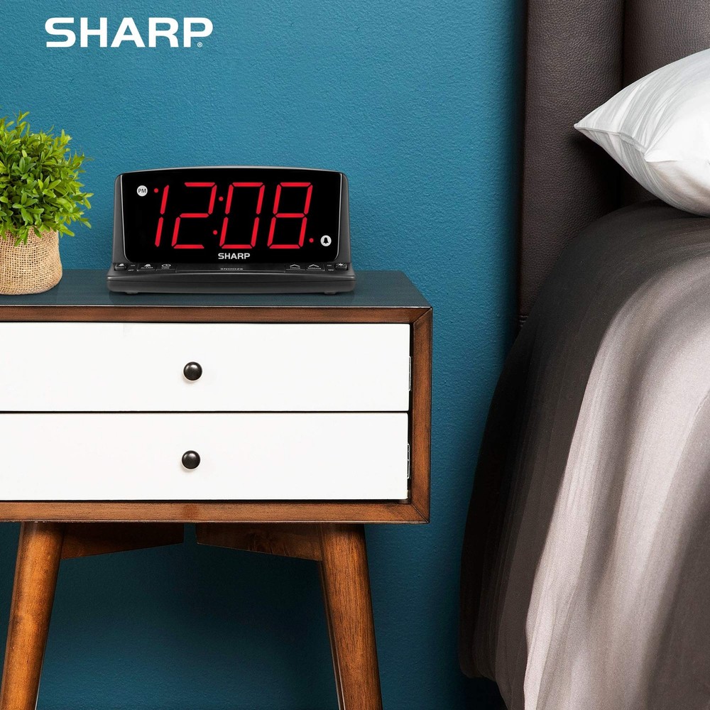 Sharp LED Digital Alarm Clock – Simple Operation - Large, Black - Red Led