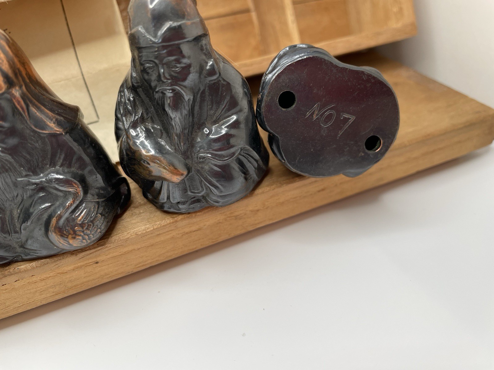 7 SEVEN IMMORTAL GODS Good Fortune Metal Numbered Figures Occupied JAPAN Box Vtg