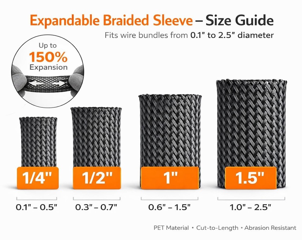 25ft Expandable Non-Split PET Braided Cable Sleeve, High-Temperature Black Lo...
