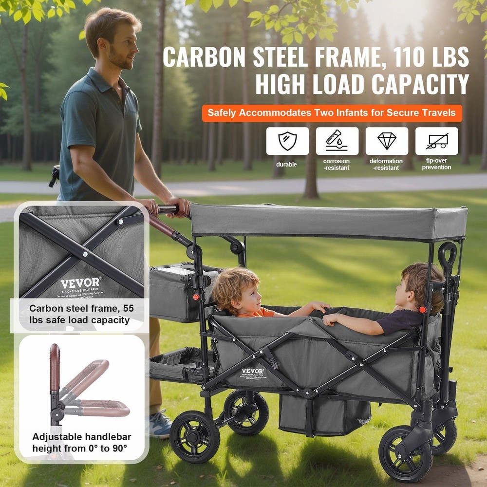 Travel-Friendly Child Wagon 55lb Loading Capability One Click Fold Grey