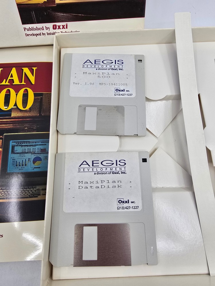 Vintage Amiga MaxiPlan 500 Spreadsheet Software CIB Complete Oxxi Aegis 2 Disk