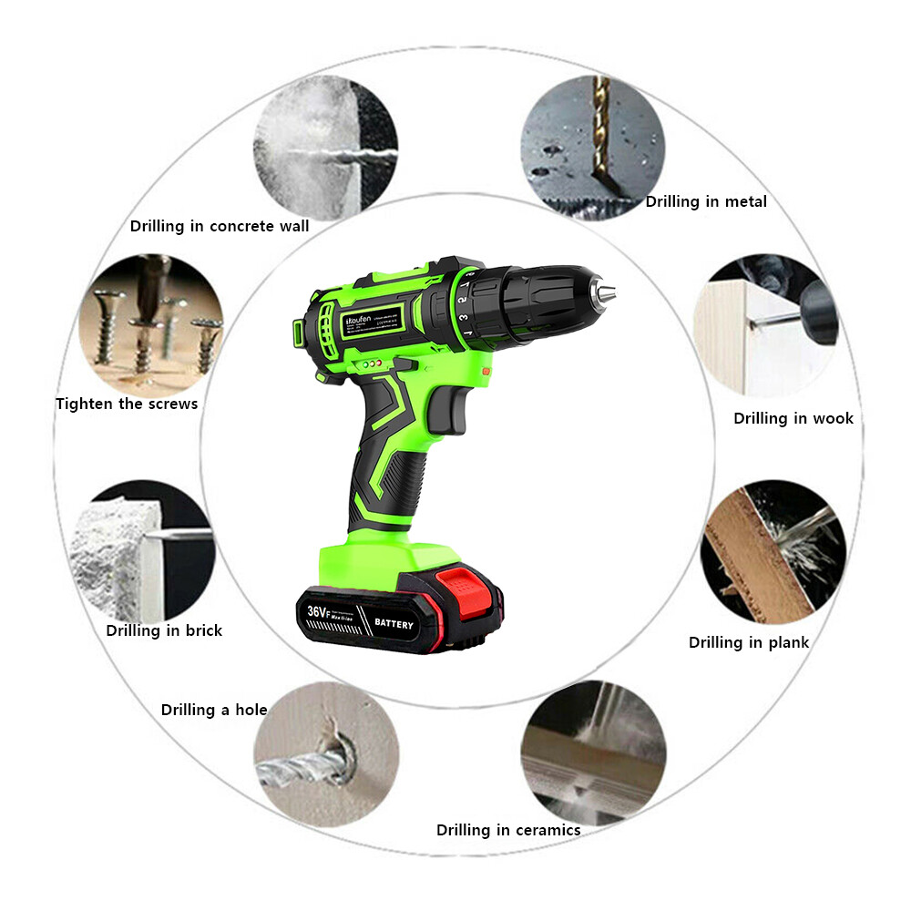 36Volt Drill 2 Speed Electric Cordless Drill / Driver with Bits Set 2 Battery A9
