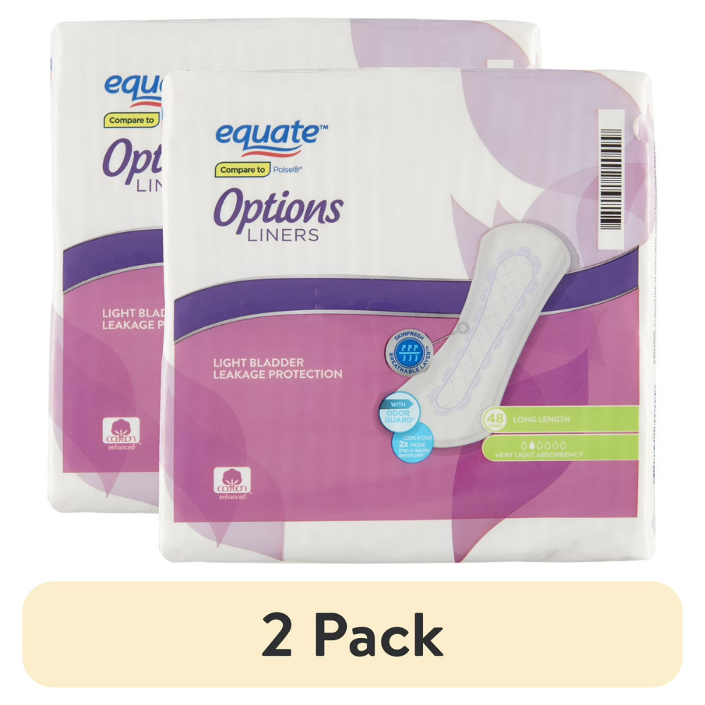2Pack Equate Options Incontinence Liners, Long, Very Light, 48 Ct Each, 96 Total