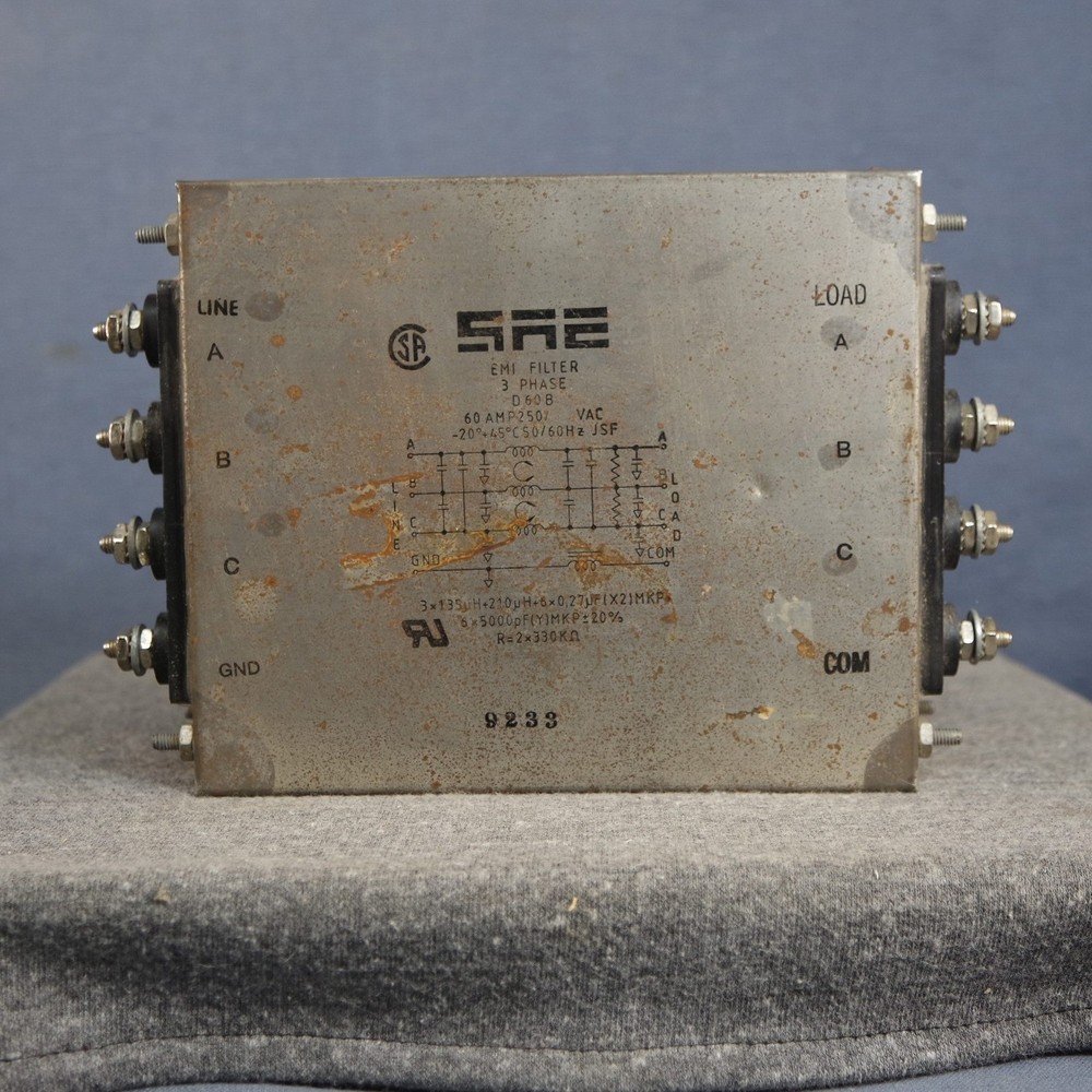 SAE D60B 60 Amp 3 Phase 250 VAC Delta Connected Circuit EMI Line Filter w/Specs