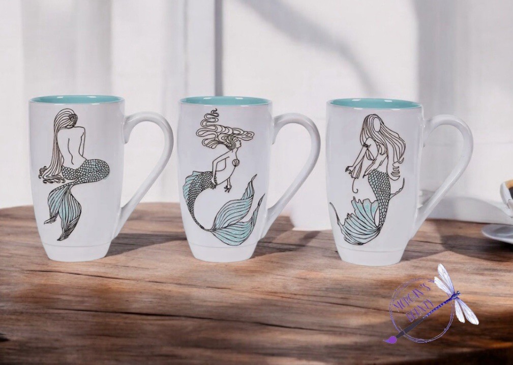 Set Of 3 MERMAID Coffee Mugs NEW 18oz Cup 6” Tall Embossed Beach 2 Sea Life RARE
