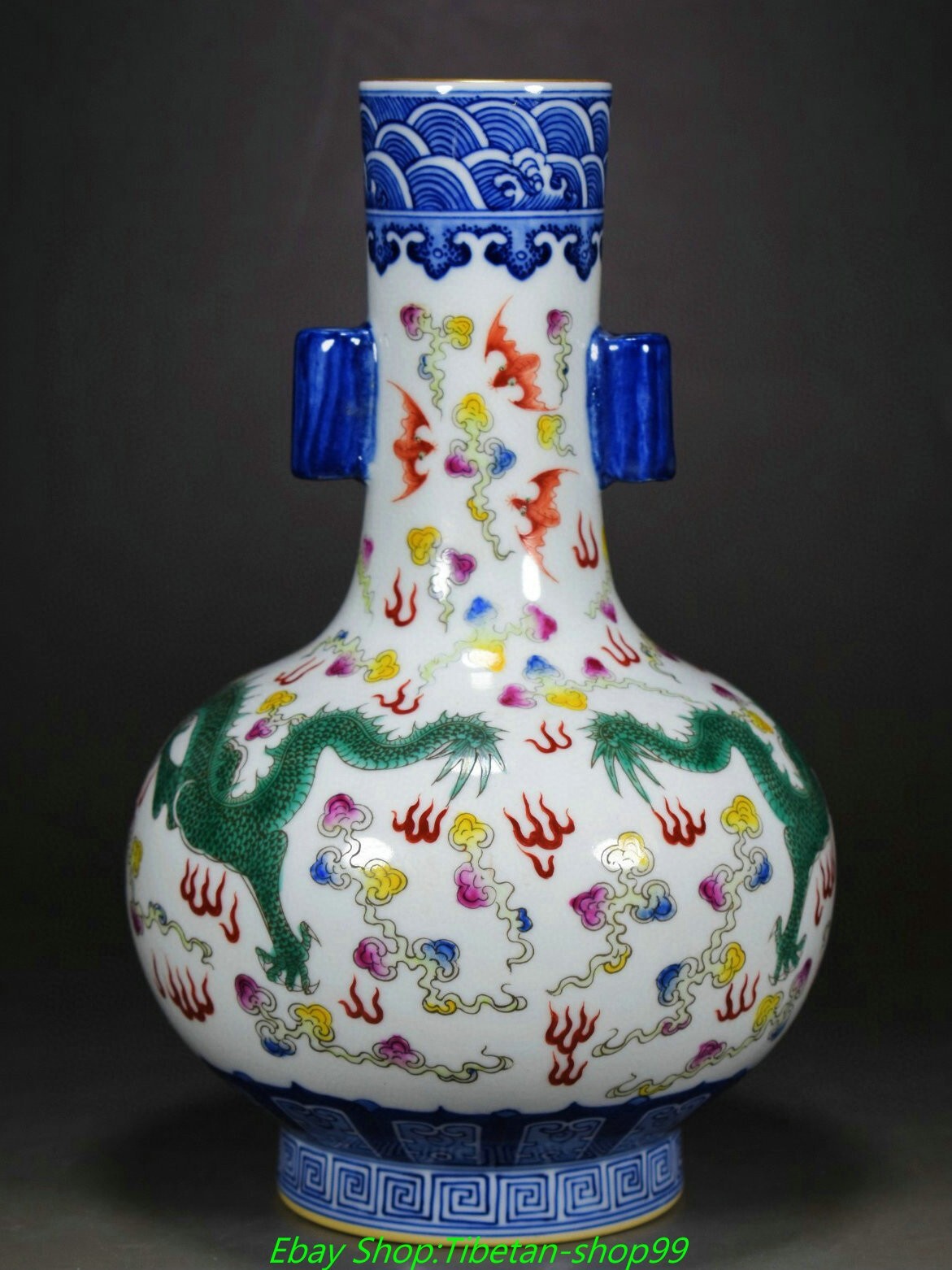 10.2'' Qing Yongzheng Marked Blue White Colour Porcelain Gold Bottle Vase Pair