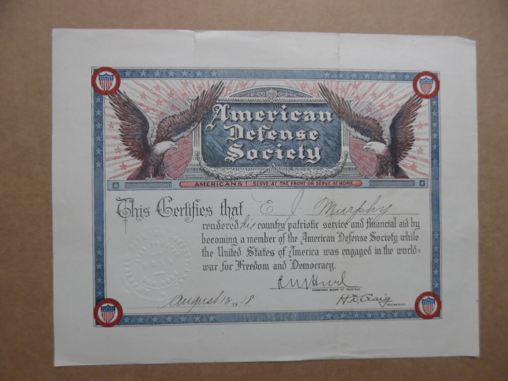 1918 American Defense Society Member Certificate Americanism Nationalist ADS WWI