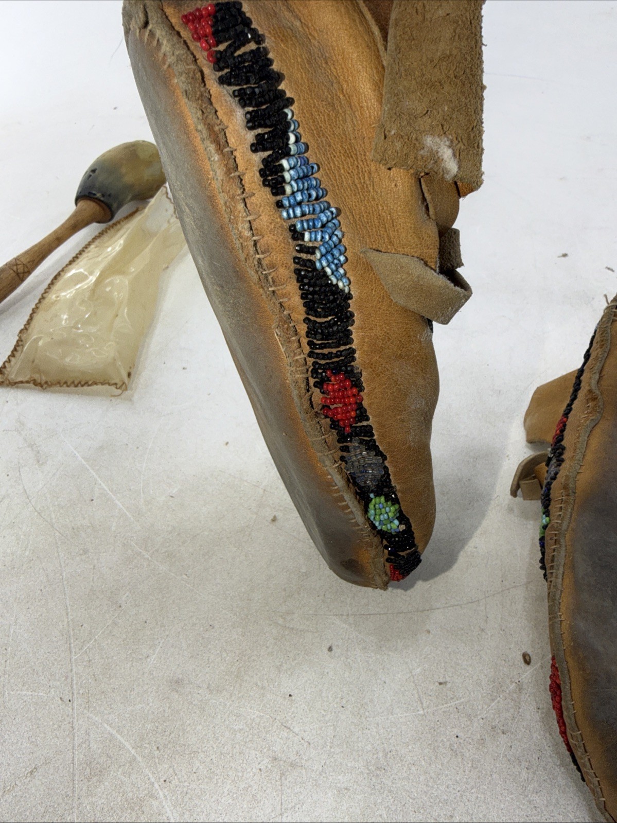 Authentic Native American Leather Beaded Moccasin Lot and Indian Rattle