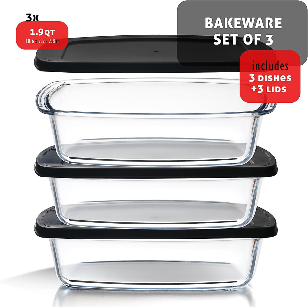 EATEX Glass Bread Pans for Homemade Bread Baking, 1.9 Quart Deep Rectangular