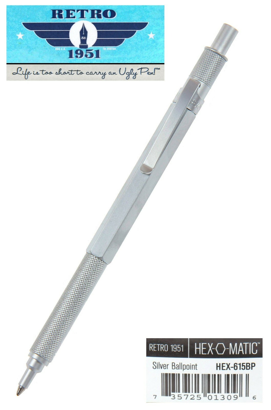Retro 51 / Hex-o-matic Series Silver Ballpoint Pen #HEX-615BP