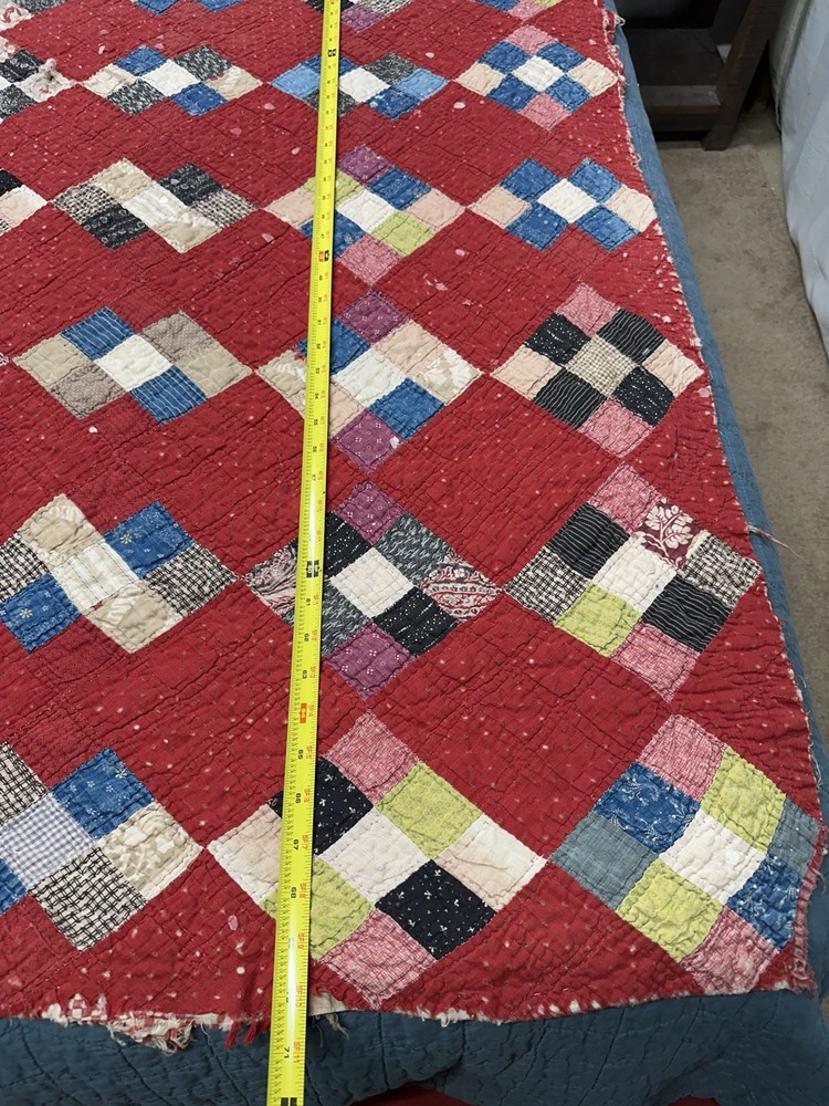Vtg Nine Patch on Point Quilt Hand Sewn Red Feedsack Patchwork Distressed *Read